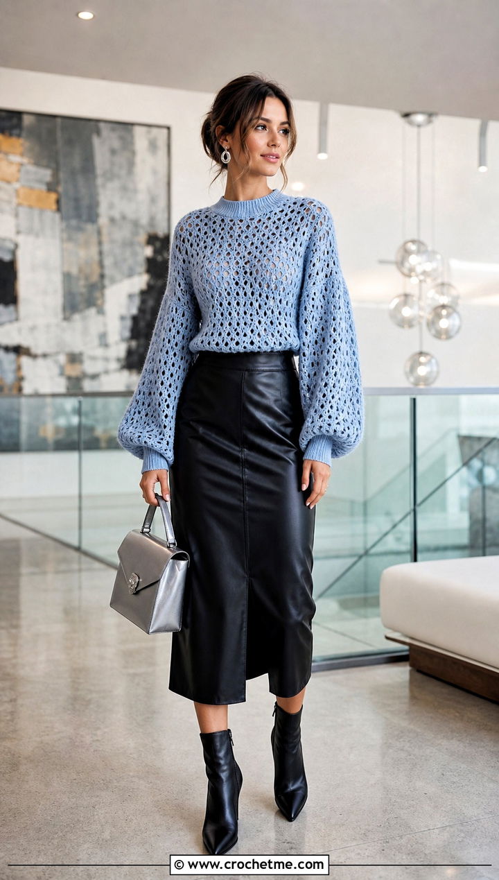 Balloon Sleeve Crochet Sweater With Leather Midi Skirt - 25 Crocheted Sweaters For Women outfit ideas