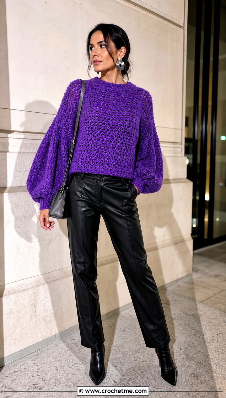 Balloon Sleeve Crochet Sweater With Leather Pants - 30 crochet women sweater outfit ideas