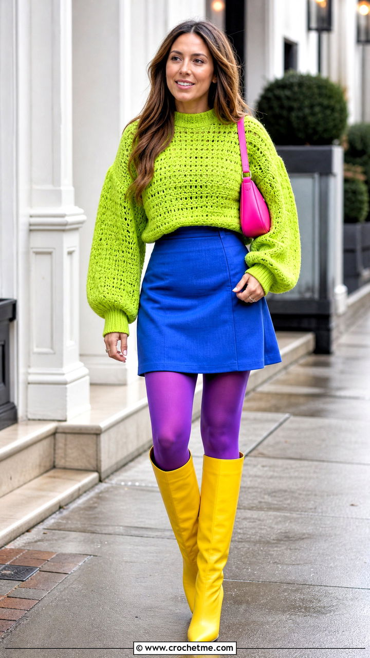 Balloon Sleeve Crochet Sweater With Mini Skirt - 35 crochet sweater design outfit ideas