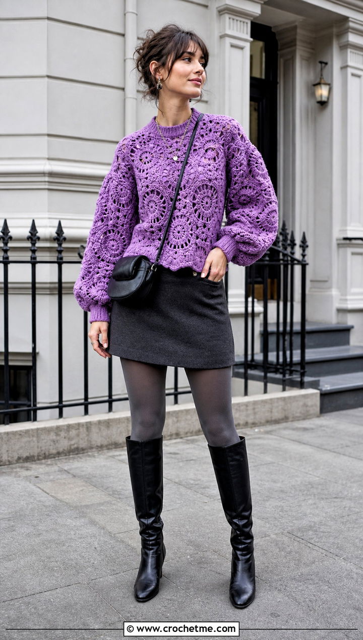 Balloon Sleeve Crochet Sweater With Mini Skirt - 25 vintage crochet sweater outfit ideas