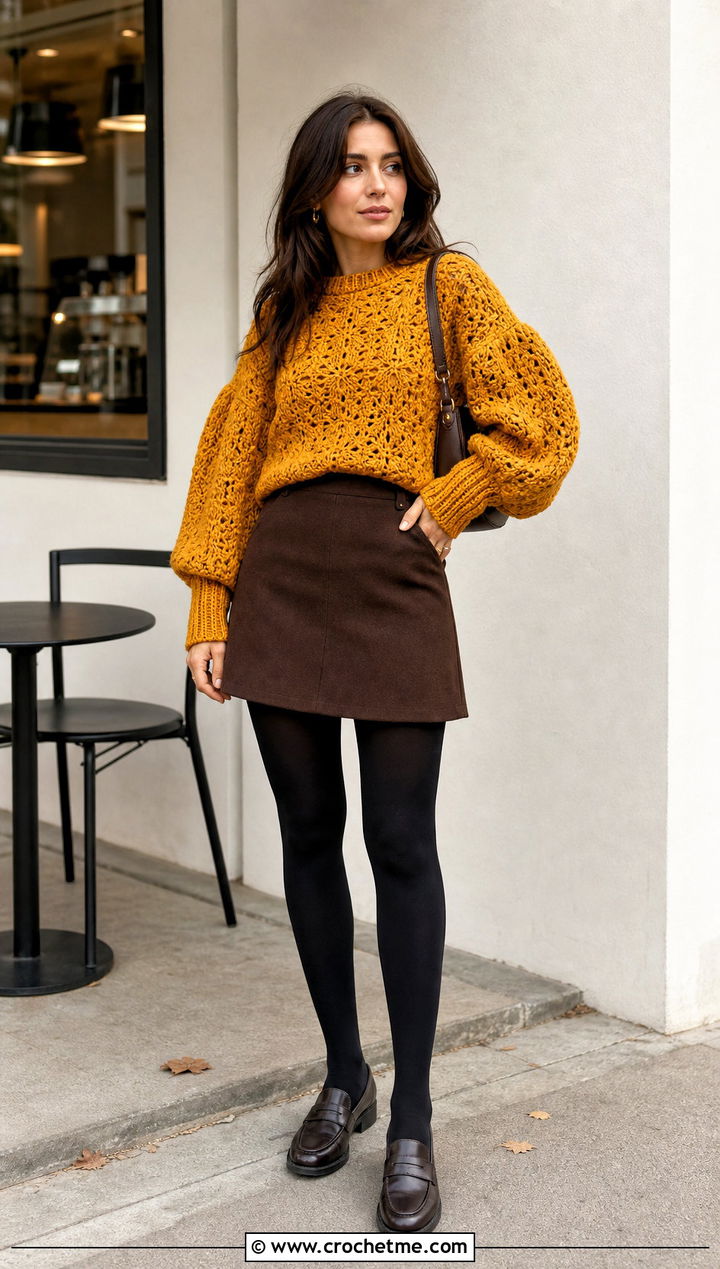 Balloon Sleeve Crochet Sweater With Mini Skirt And Tights - 20 Autumn Crochet Sweater outfit ideas