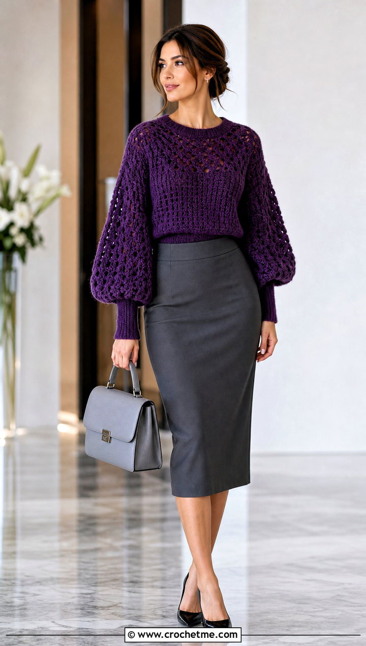 Balloon Sleeve Crochet Sweater With Pencil Skirt - 30 unique crochet sweater outfit ideas