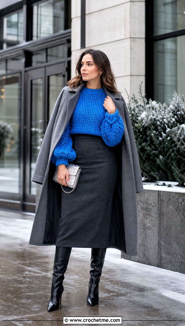 Balloon Sleeve Crochet Sweater With Pencil Skirt - 30 winter crochet sweater outfit ideas
