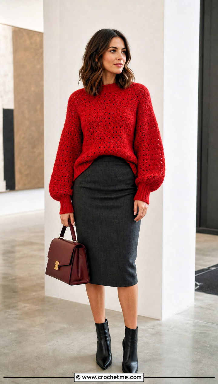 Balloon Sleeve Crochet Sweater With Pencil Skirt - 35 easy crochet sweaters outfit ideas