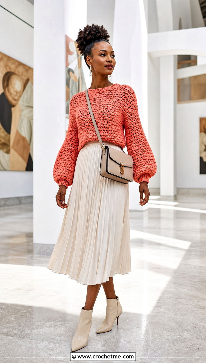 Balloon Sleeve Crochet Sweater With Pleated Midi Skirt - 15 Boho Style Crochet Sweater outfit ideas