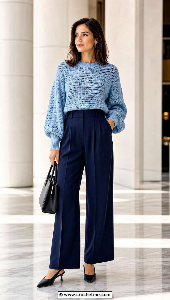 Balloon Sleeve Crochet Sweater With Pleated Trousers - 25 Basic Crochet Sweater outfit ideas