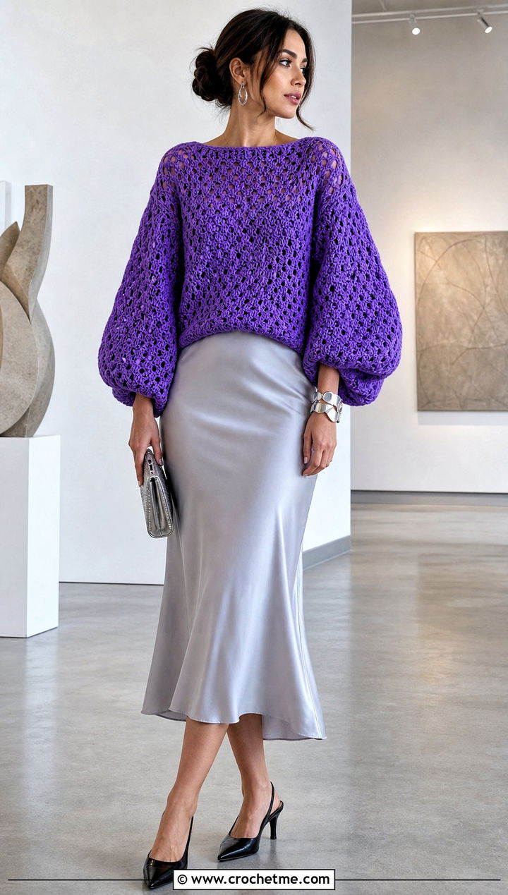 Balloon Sleeve Crochet Sweater With Satin Midi Skirt - 15 Oversized Crochet Sweaters outfit ideas
