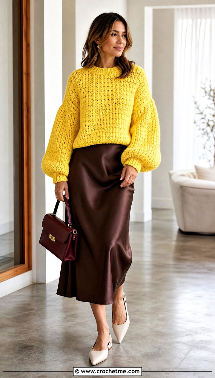 Balloon Sleeve Crochet Sweater With Satin Midi Skirt - 30 bulky yarn crochet sweater outfit ideas