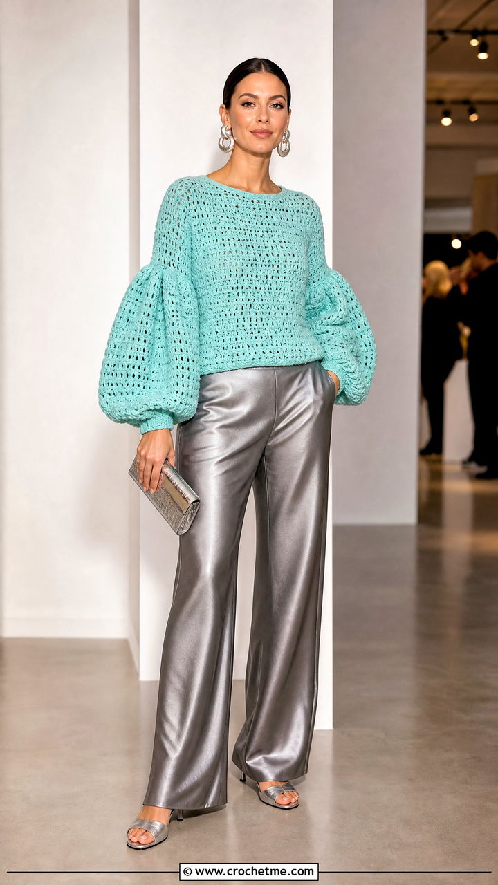 Balloon Sleeve Crochet Sweater With Satin Pants - 35 colorful crochet sweater outfit ideas