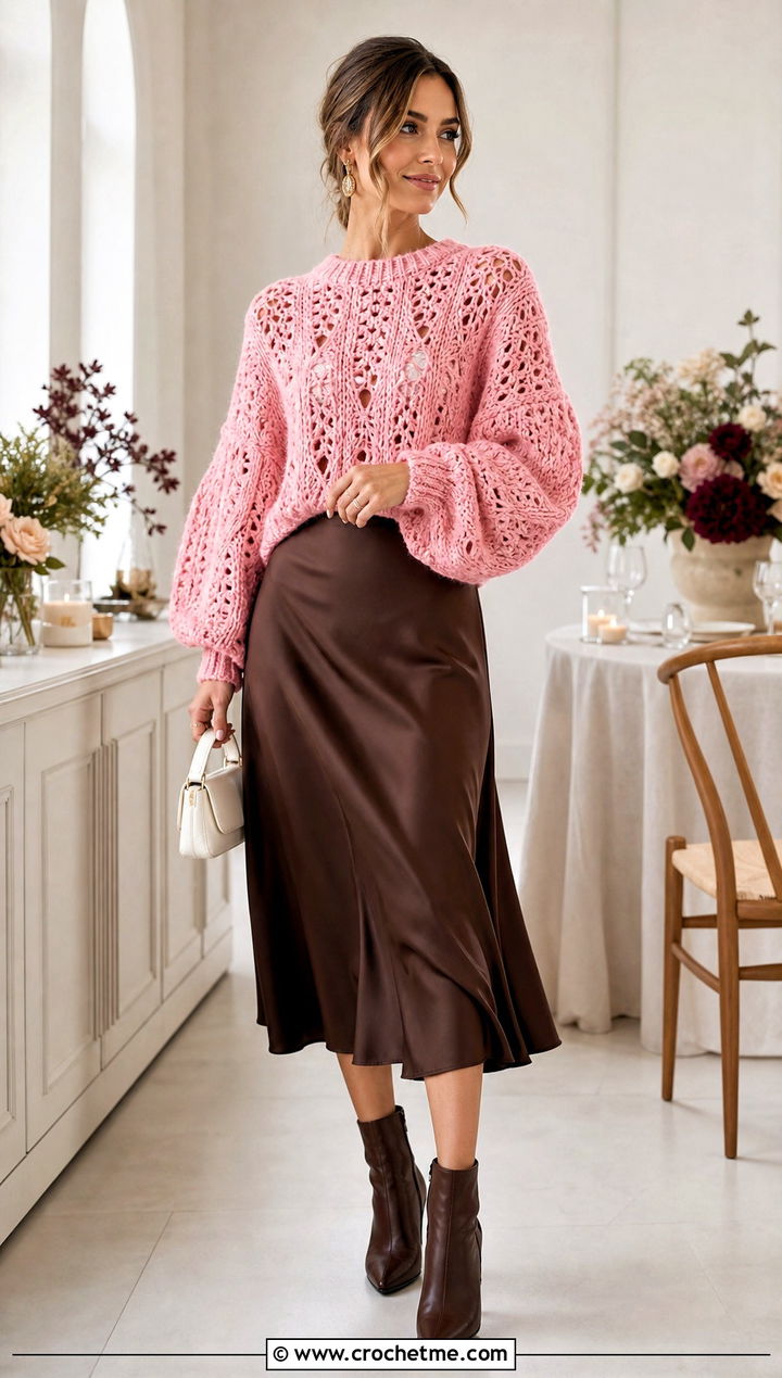 Balloon Sleeve Crochet Sweater With Satin Skirt - 20 Comfy Crochet Sweater outfit ideas