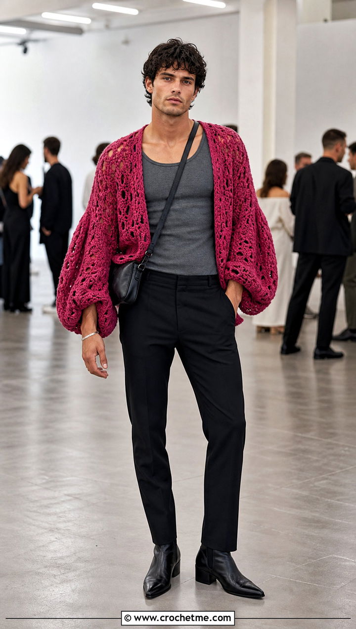 Balloon Sleeve Crochet Sweater With Slim Trousers - 35 men's crochet sweater ideas
