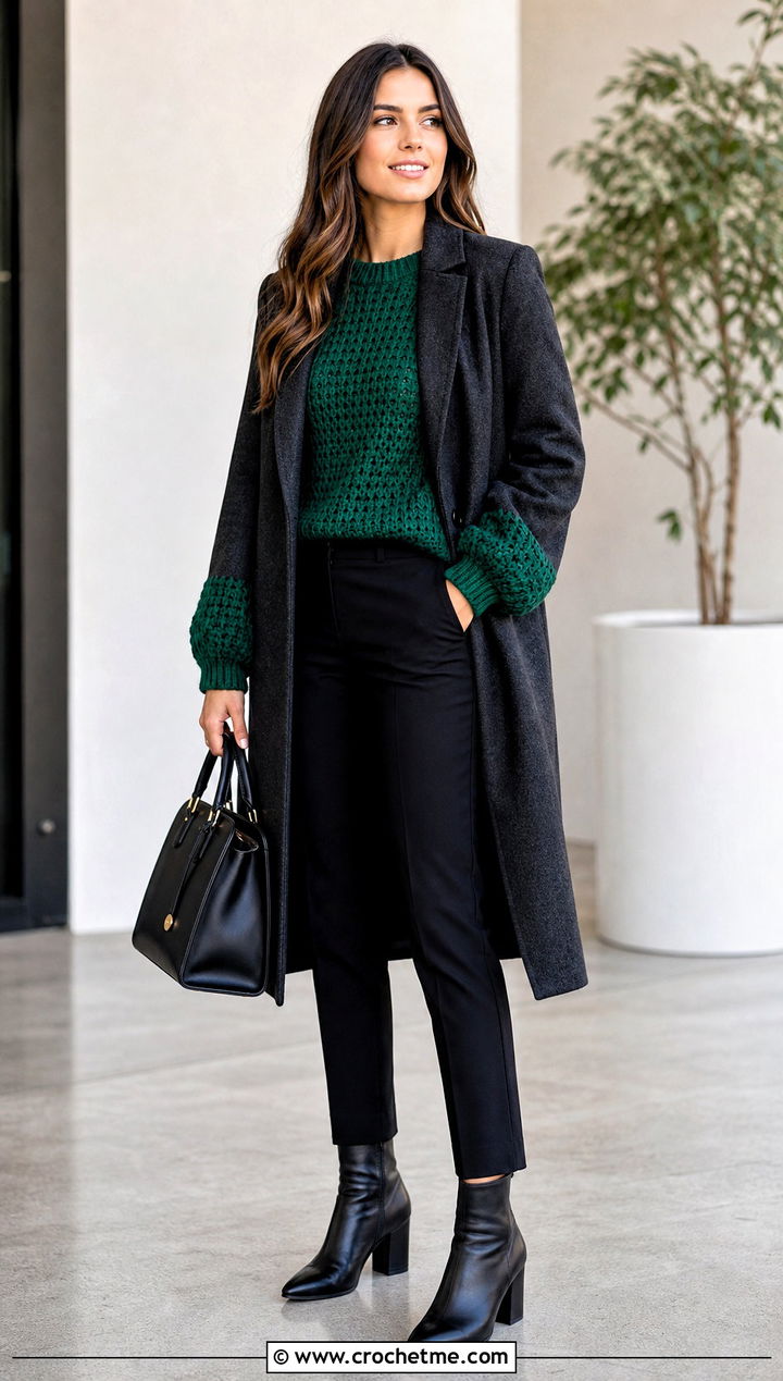Balloon Sleeve Crochet Sweater With Slim Trousers - 30 crochet winter sweater outfit ideas