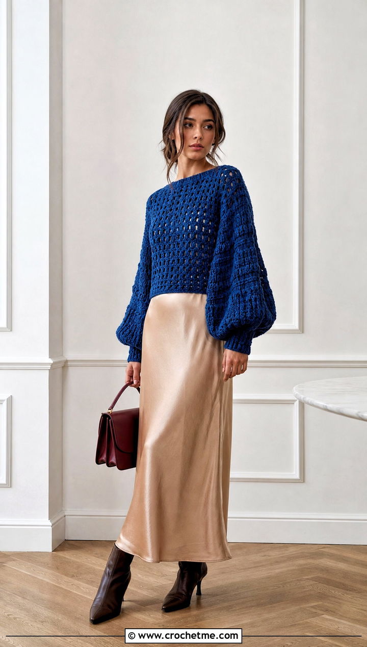 Balloon Sleeve Crochet Sweater With Slip Dress - 15 Crochet Womens Sweaters outfit ideas