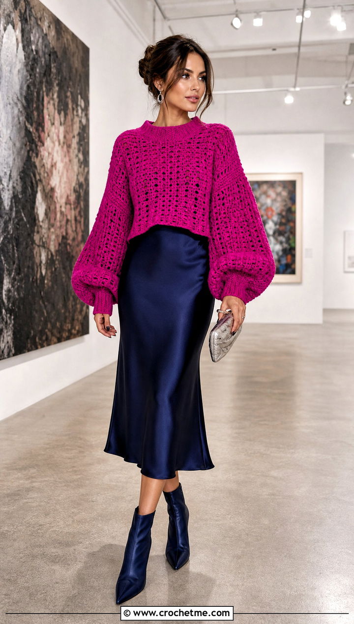 Balloon Sleeve Crochet Sweater With Slip Dress - 15 crochet sweater collection outfit ideas