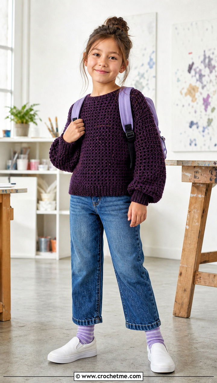 Balloon Sleeve Crochet Sweater With Straight Jeans - 15 Crochet Childs Sweater outfit ideas