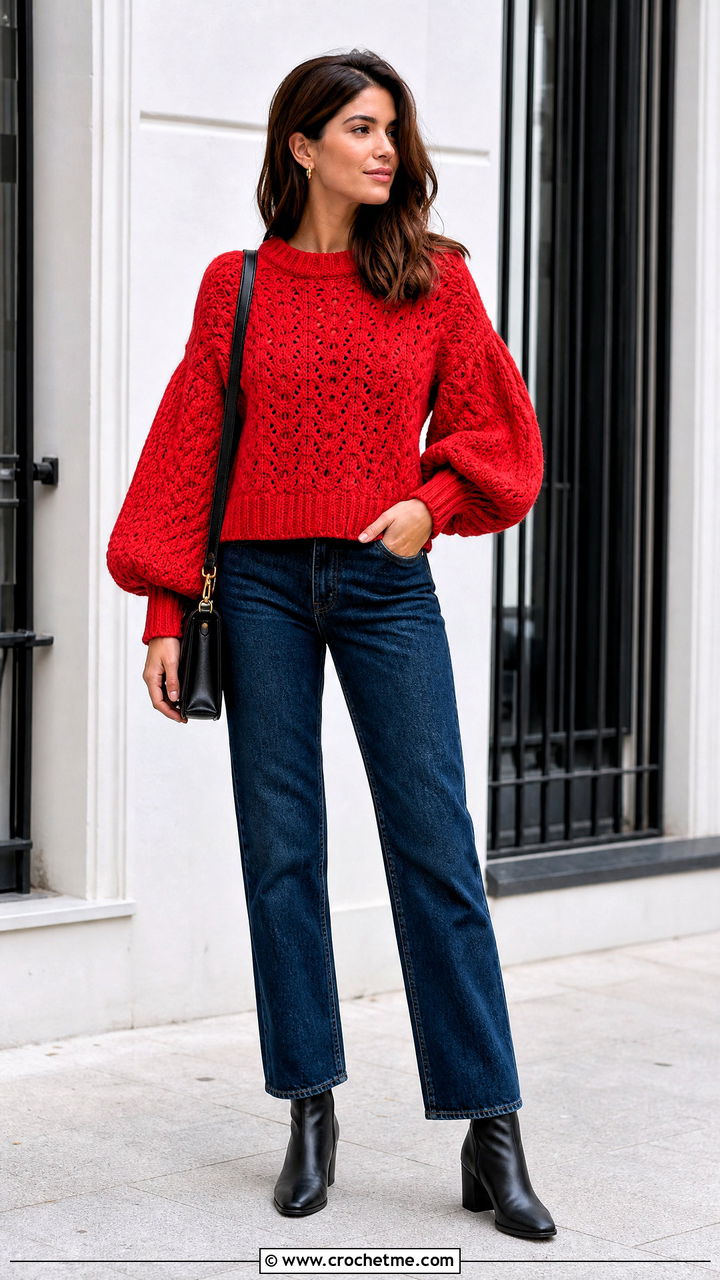 Balloon Sleeve Crochet Sweater With Straight Jeans - 35 crochet sweater ideas