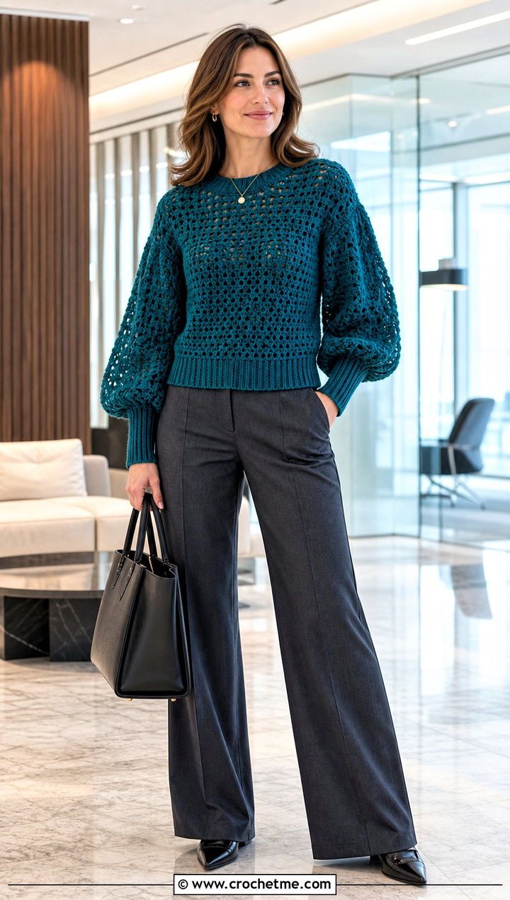 Balloon Sleeve Crochet Sweater With Tailored Trousers - 25 Crochet Puff Sleeve Sweater outfit ideas