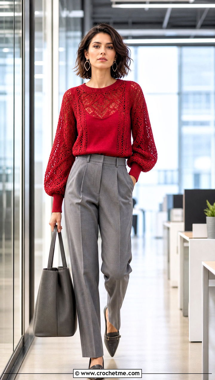 Balloon Sleeve Crochet Sweater With Tailored Trousers - 25 Boho Crochet Sweater outfit ideas