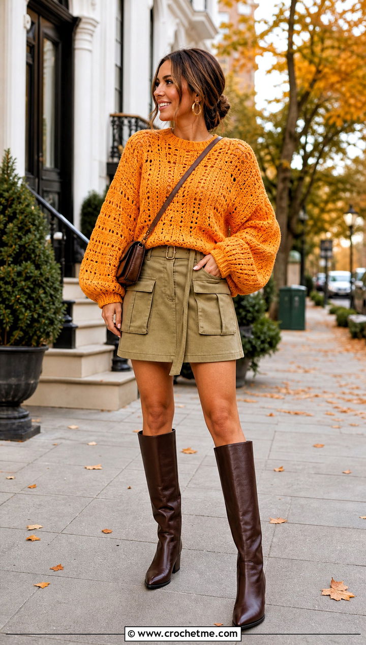 Balloon Sleeve Crochet Sweater With Utility Mini Skirt - 25 Funky Crochet Sweater outfit ideas