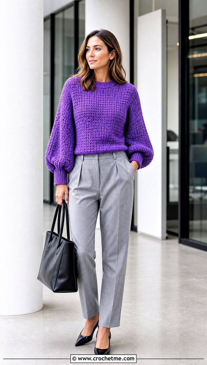 Balloon Sleeve Crochet Sweater With Work Pants - 15 adult crochet sweater outfit ideas