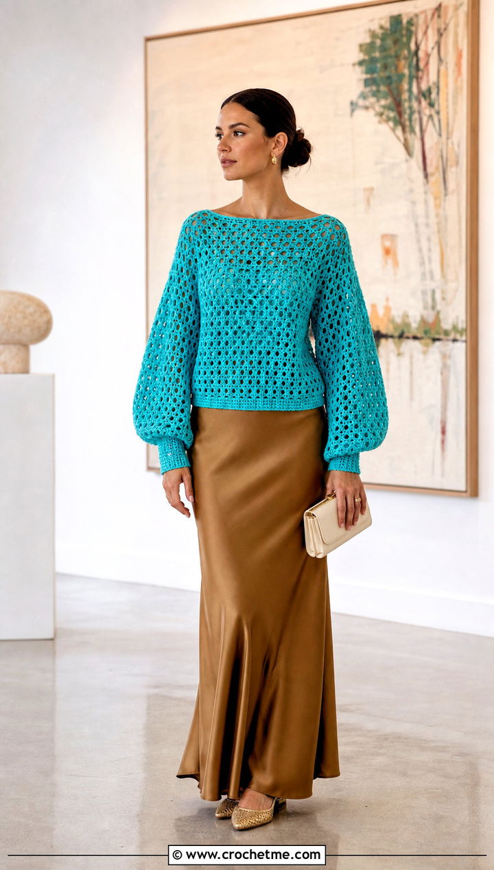 Balloon Sleeve Crochet Top With Bias Cut Maxi Skirt - 35 style crochet top outfit ideas