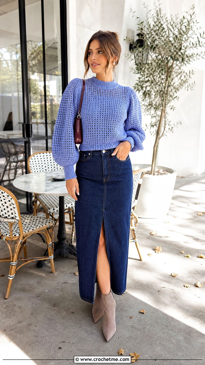 Balloon Sleeve Crochet Top With Denim Maxi Skirt - 35 crochet full sleeve top outfit ideas