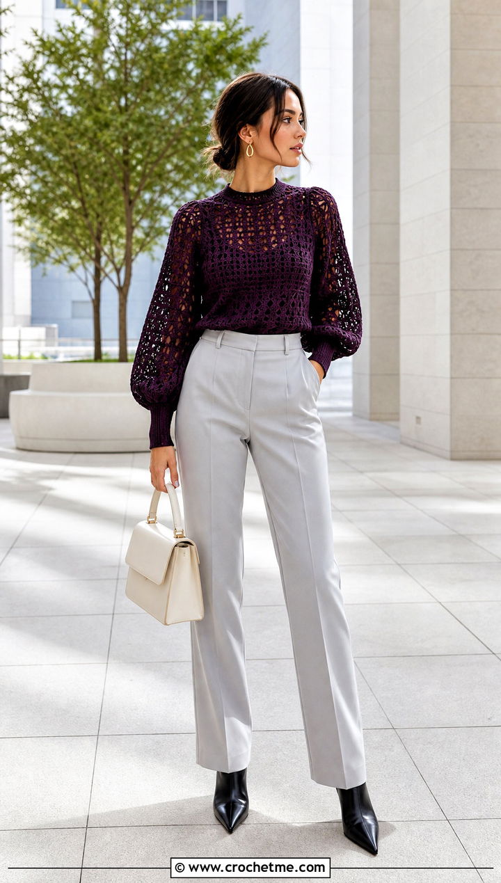 Balloon Sleeve Crochet Top With Straight Leg Trousers - 25 designer crochet top outfit ideas
