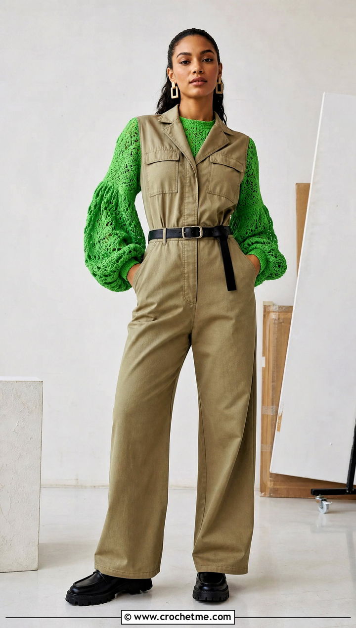 Balloon Sleeve Crochet Top With Utility Jumpsuit - 35 crochet top sleeves outfit ideas
