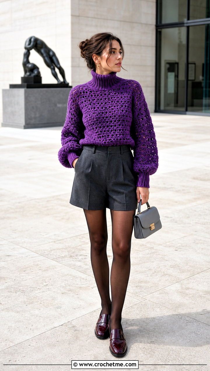 Balloon Sleeve Crochet Turtle Neck Sweater With Tailored Shorts - 35 crochet turtle neck sweater outfit ideas