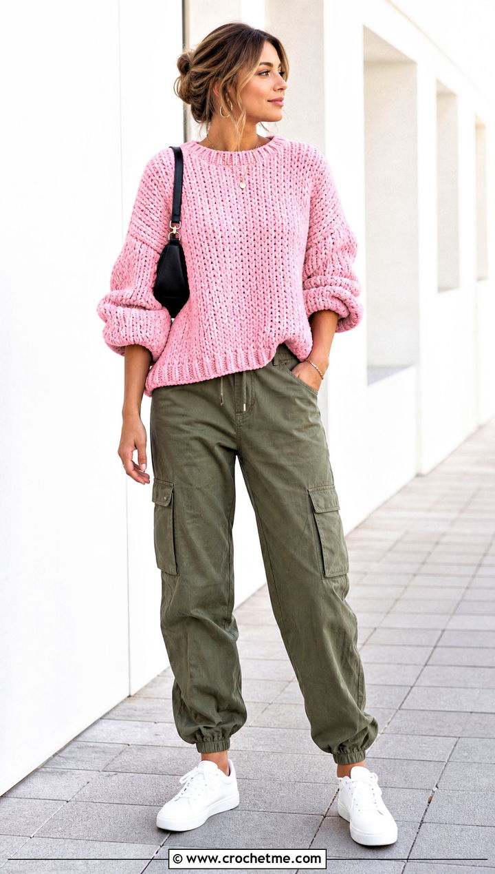 Balloon Sleeve Crochet Velvet Sweater With Cargo Pants - 20 Crochet Velvet Sweater outfit ideas