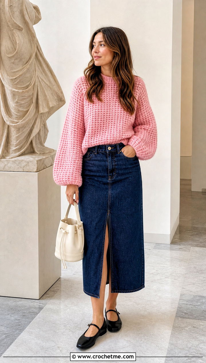 Balloon Sleeve Crochet Waffle Sweater With Denim Midi Skirt - 15 Crochet Waffle Sweater outfit ideas