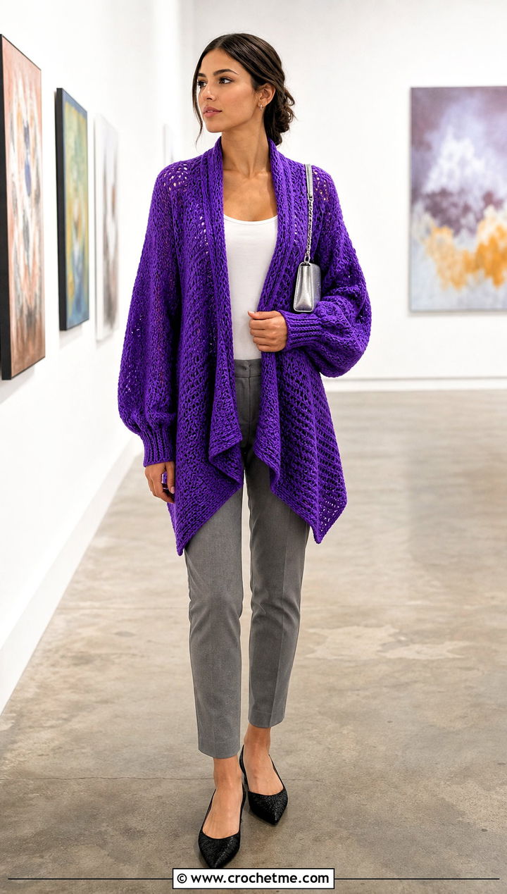 Balloon Sleeve Crochet Waterfall Cardigan With Slim Trousers - 25 crochet waterfall cardigan outfit ideas