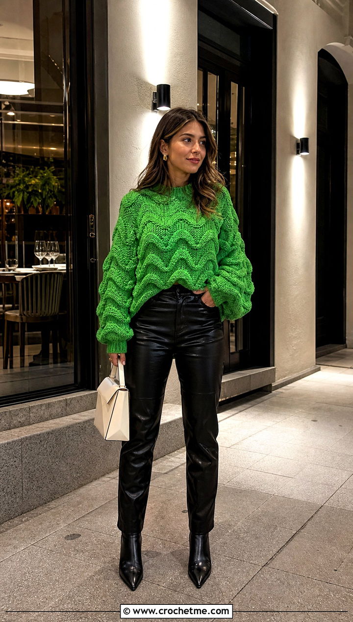 Balloon Sleeve Crochet Wave Sweater With Leather Pants - 30 crochet wave sweater outfit ideas