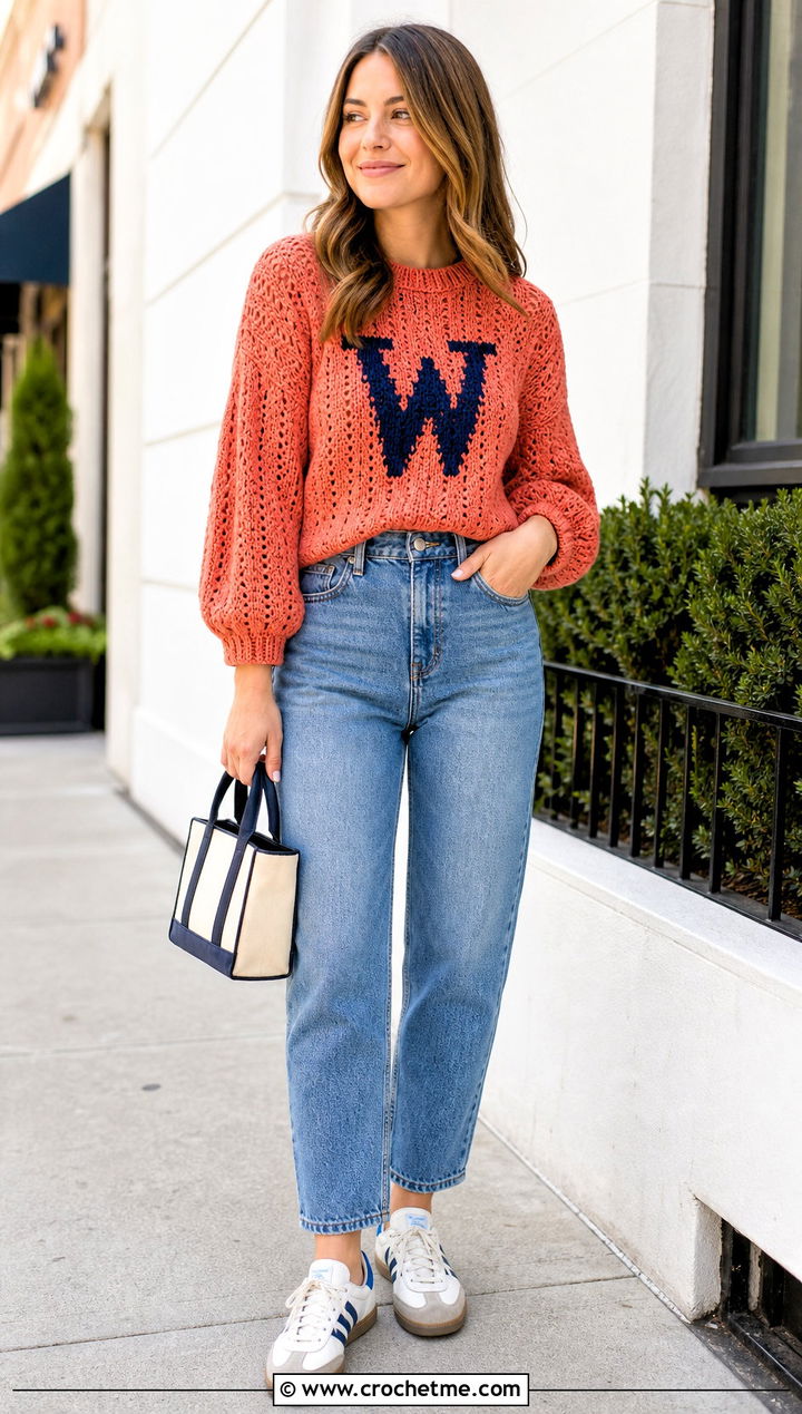 Balloon Sleeve Crochet Weasley Sweater With Mom Jeans - 35 crochet weasley sweater outfit ideas