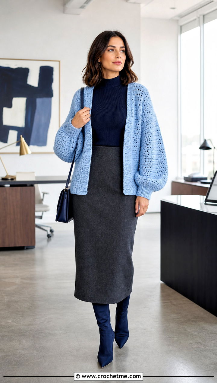 Balloon Sleeve Crochet Winter Cardigan With A Pencil Skirt - 25 crochet winter cardigan outfit ideas