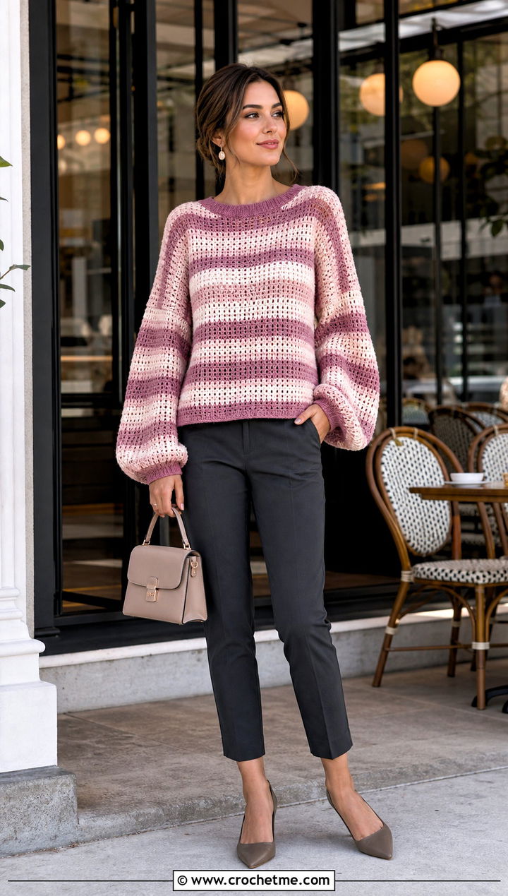 Balloon Sleeve Crocheted Striped Sweater With Slim Ankle Pants - 20 Crocheted Striped Sweater outfit ideas