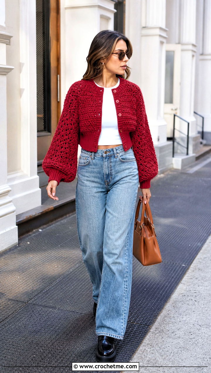 Balloon Sleeve Crop Crochet Cardigan With Wide Leg Jeans - 25 crop crochet cardigan outfit ideas