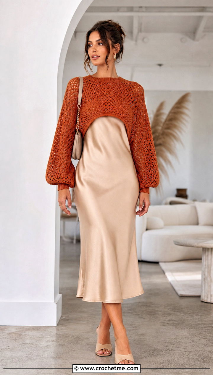 Balloon Sleeve Crop Crochet Sweater With Slip Dress - 15 hollow out crop crochet sweater outfit ideas