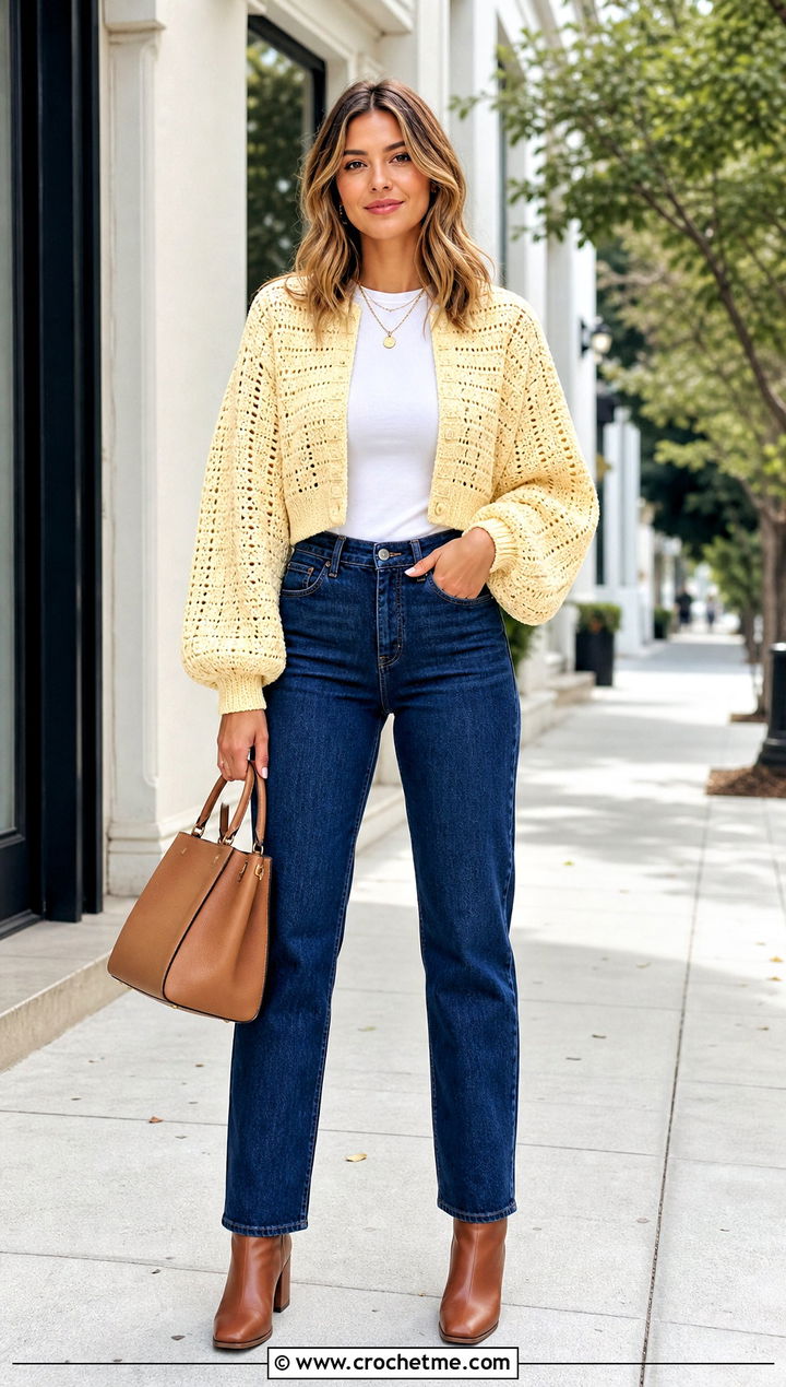 Balloon Sleeve Cropped Crochet Cardigan With Straight Leg Jeans - 35 cropped crochet cardigan outfit ideas