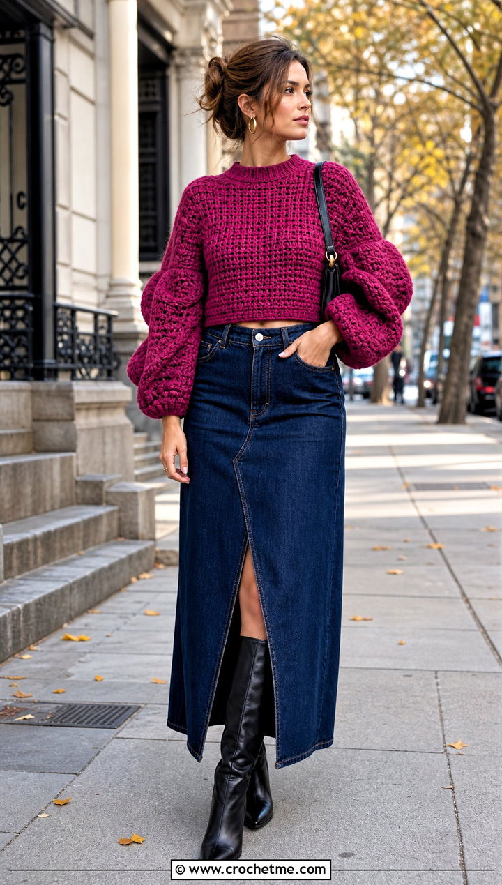 Balloon Sleeve Cropped Crochet Pullover With Denim Maxi Skirt - 15 Cropped Crochet Pullover outfit ideas