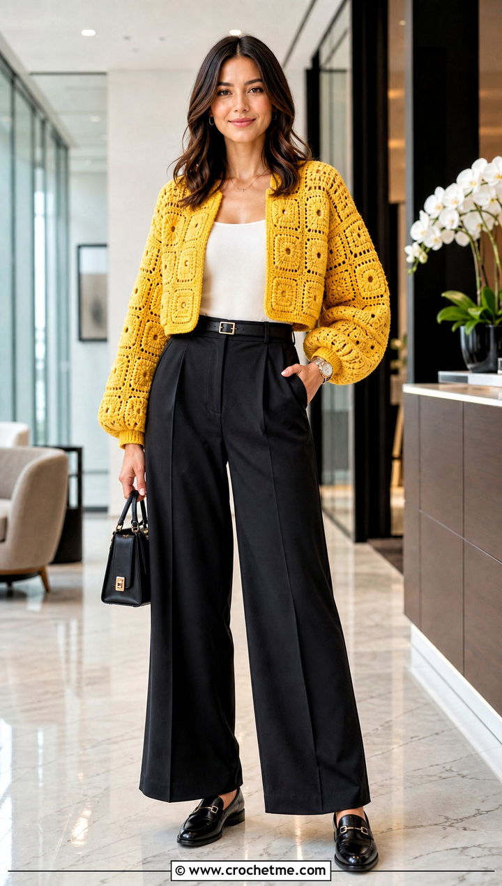 Balloon Sleeve Cropped Granny Square Cardigan With Wide Leg Trousers - 20 Cropped Granny Square Cardigan outfit ideas