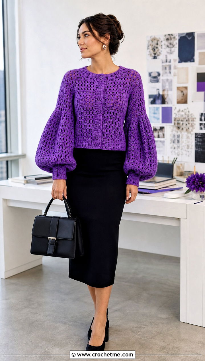 Balloon Sleeve DK Crochet Cardigan With Pencil Skirt - 20 Dk Crochet Cardigan outfit ideas