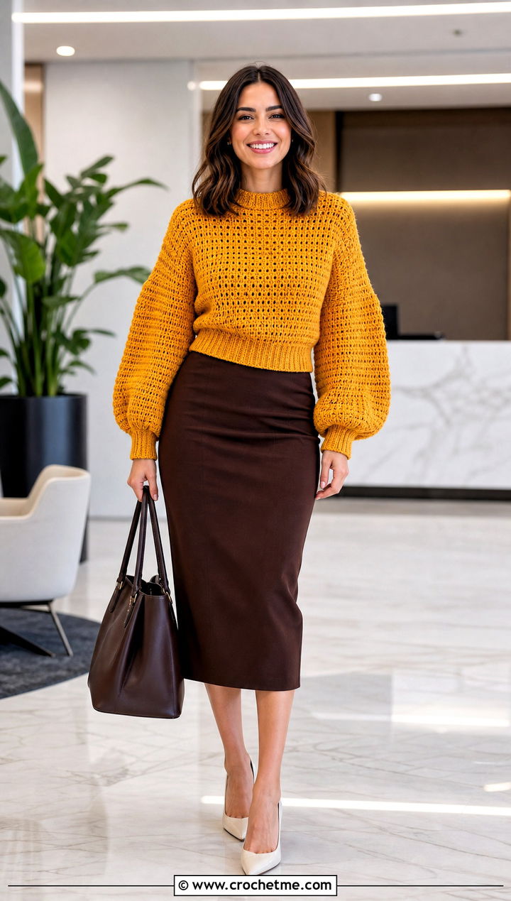 Balloon Sleeve DK Weight Crochet Sweater With Pencil Skirt - 25 Dk Weight Crochet Sweater outfit ideas