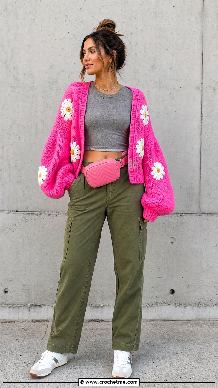 Balloon Sleeve Daisy Cardigan With Cargo Pants - 35 Crochet Daisy Cardigan outfit ideas