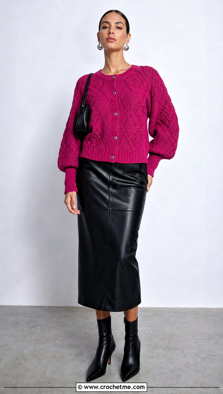 Balloon Sleeve Diamond Cable Cardigan With Leather Midi Skirt - 25 Crochet Cable Cardigan outfit ideas