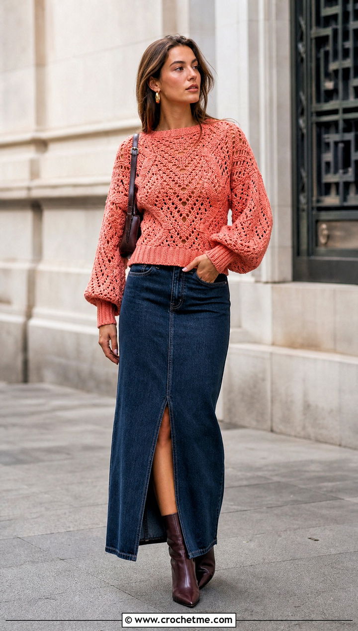 Balloon Sleeve Distressed Crochet Sweater With Denim Maxi Skirt - 35 distressed crochet sweater outfit ideas