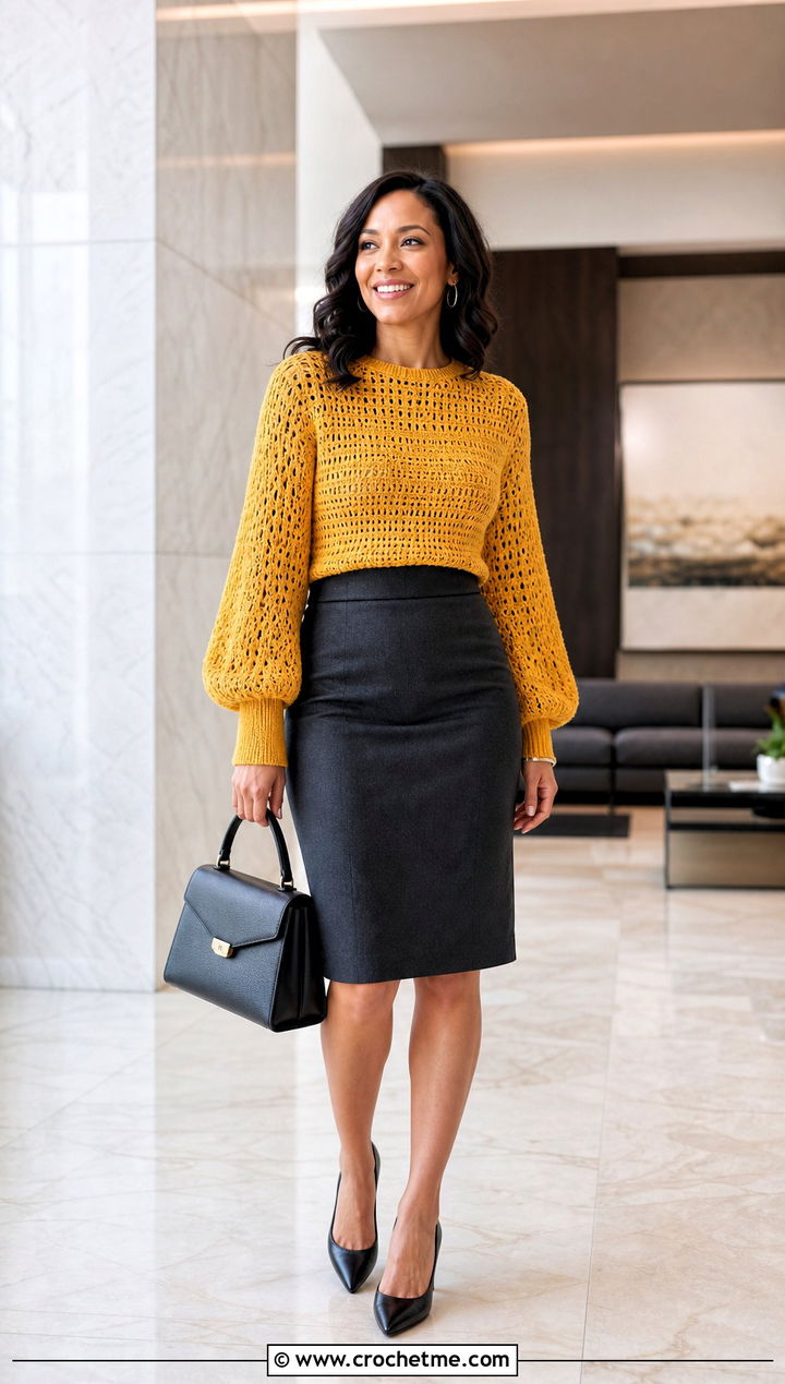 Balloon Sleeve Double Crochet Sweater With Pencil Skirt - 35 double crochet sweater outfit ideas