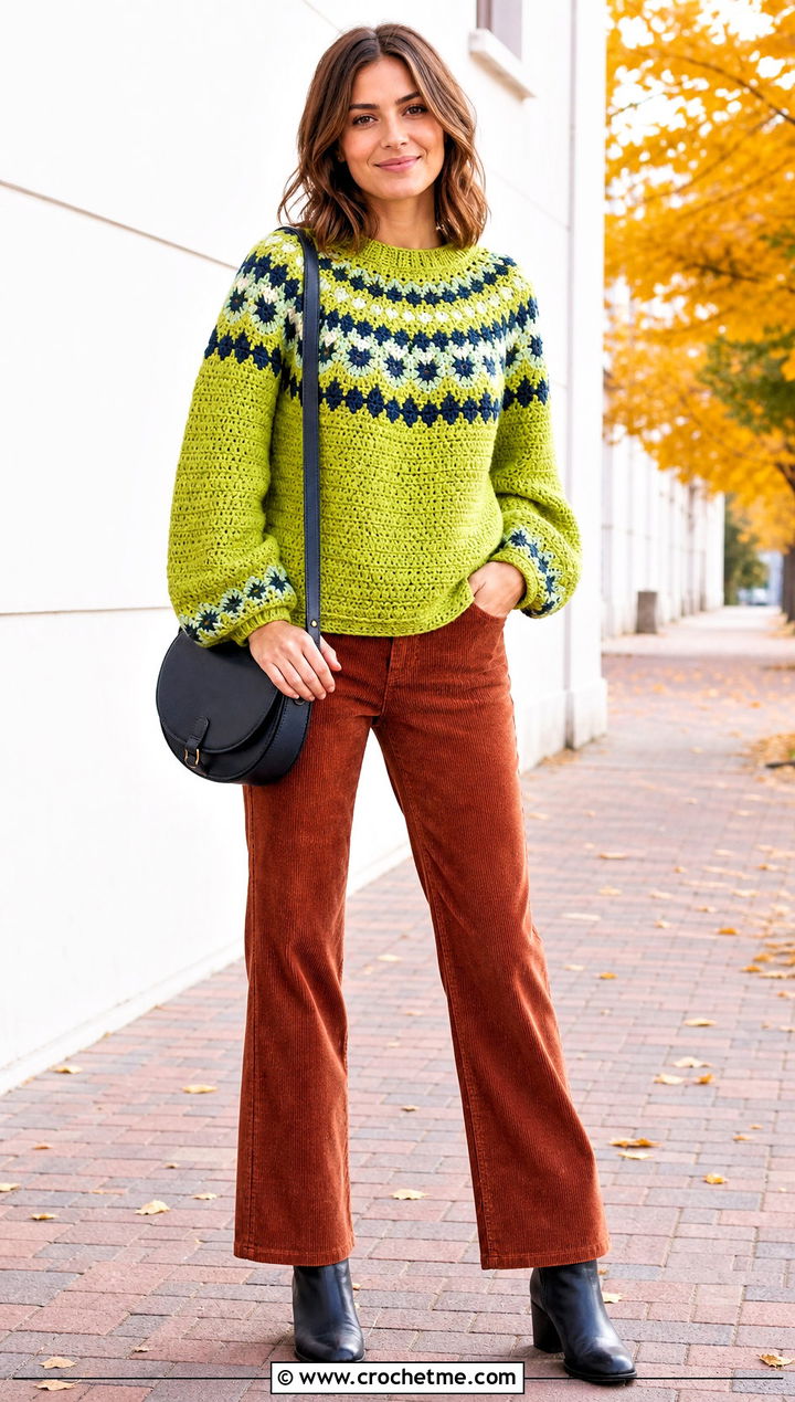 Balloon Sleeve Fair Isle Crochet Sweater With Corduroy Pants - 25 fair isle crochet sweater outfit ideas
