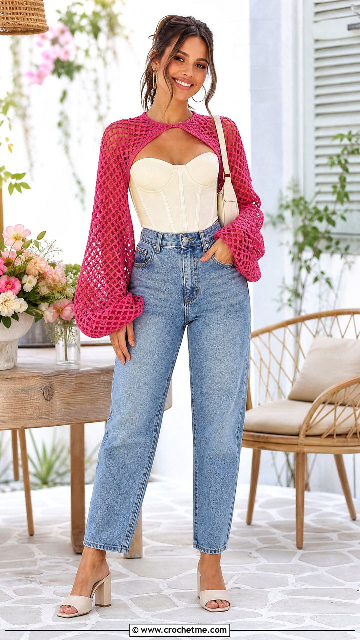 Balloon Sleeve Fishnet Shrug With Corset Top And Mom Jeans - 35 crochet fishnet shrug outfit ideas