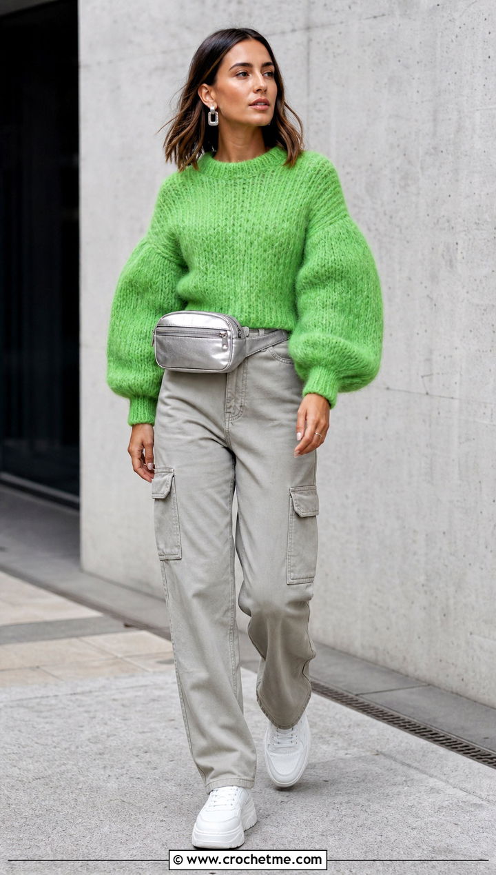 Balloon Sleeve Fluffy Crochet Sweater With Cargo Pants - 35 fluffy crochet sweater outfit ideas